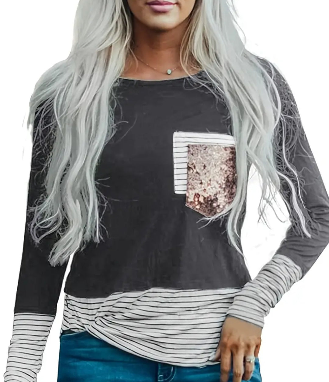 Striped Glitter Pocket LS